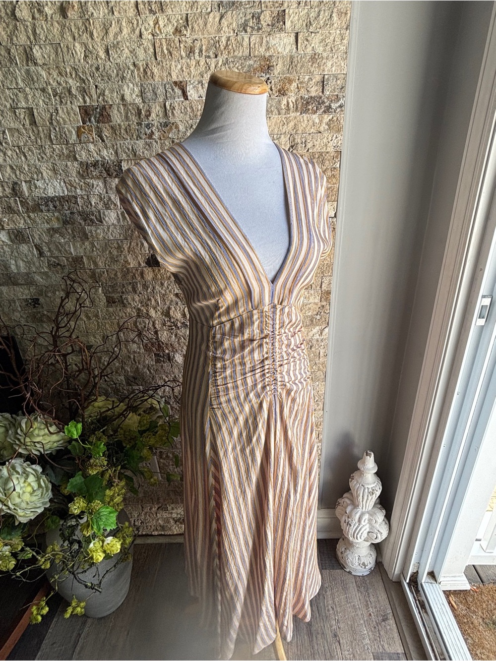 Sandro Paris Striped V-Neck Midi Dress in Beige and White Stripes